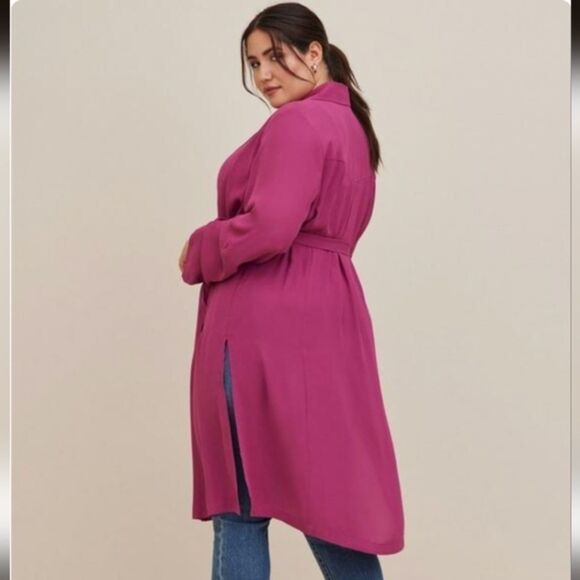 Torrid Lightweight Chiffon Drape Trench Coat Fuchsia 3/4 Sleeve Pockets Plus 5X - Picture 2 of 11